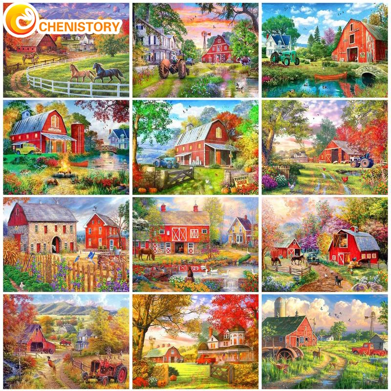

CHENISTORY Painting By Number Village Scenery HandPainted Kits Drawing Paint Canvas Oil Painting Diy Crafts Home Decor For Kids