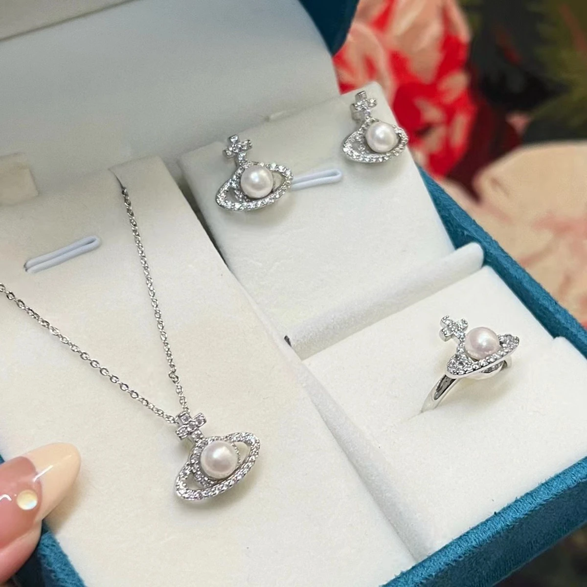 Серьги и кольцо в стиле Сатурн ювелирное изделие с натуральным пресноводным