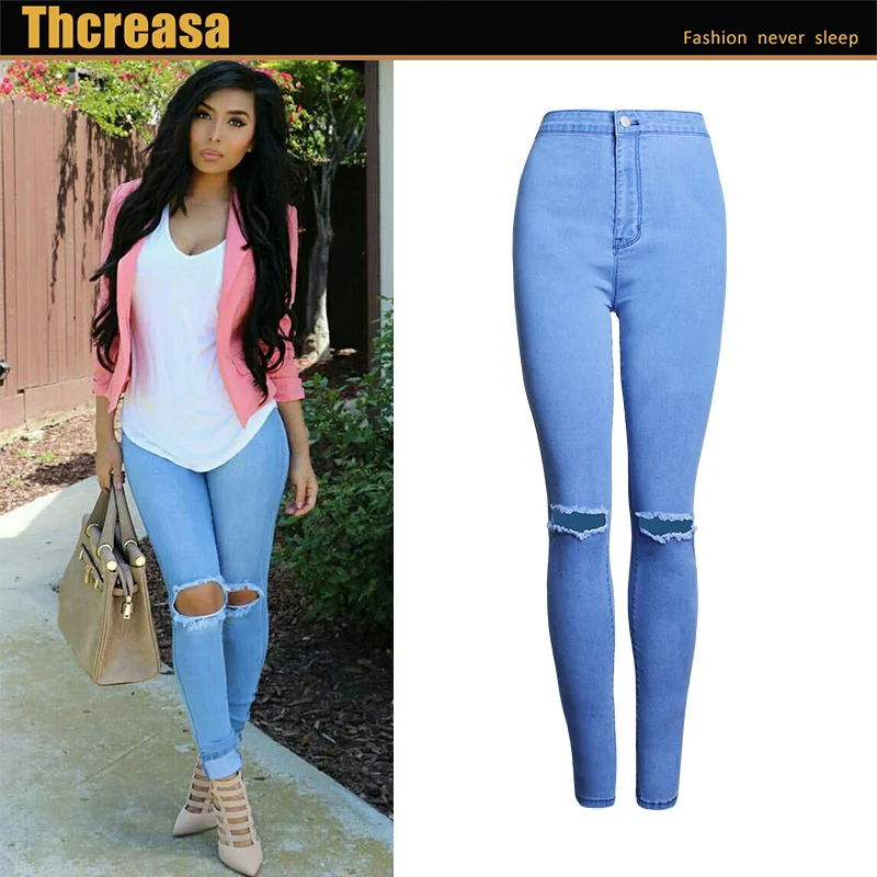 

2023Hot Jeans [ring Height]women's High Waisted Stretch Slim Solid Color Small Feet Women's Jeans with Holes