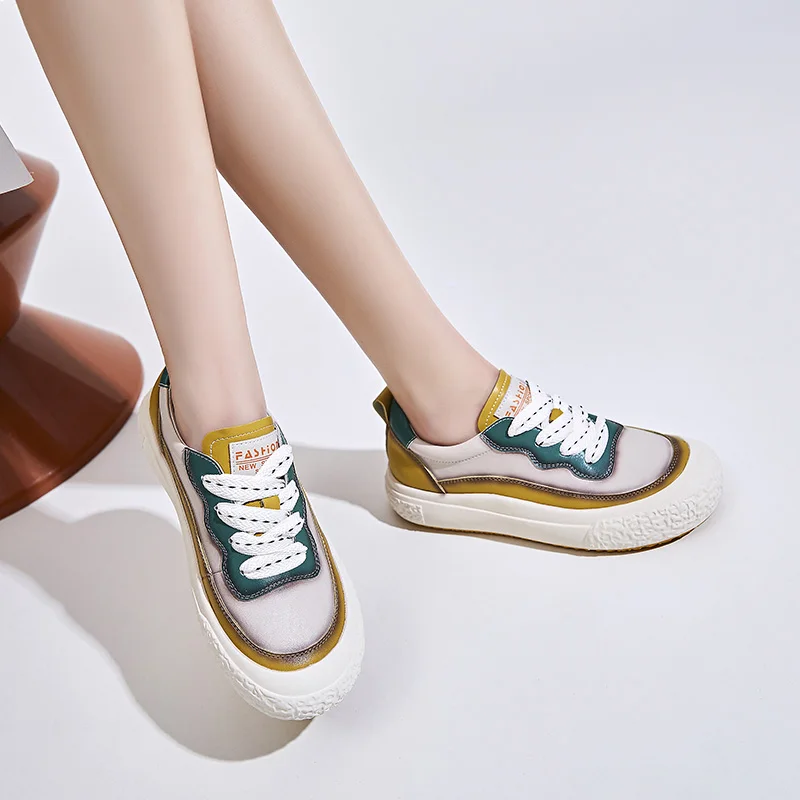 CICIYANG Women's Casual Sneakers Genuine Leather 2023 New Spring Retro Color Matching Chinese Style Ladies Flats Shoes Handmade