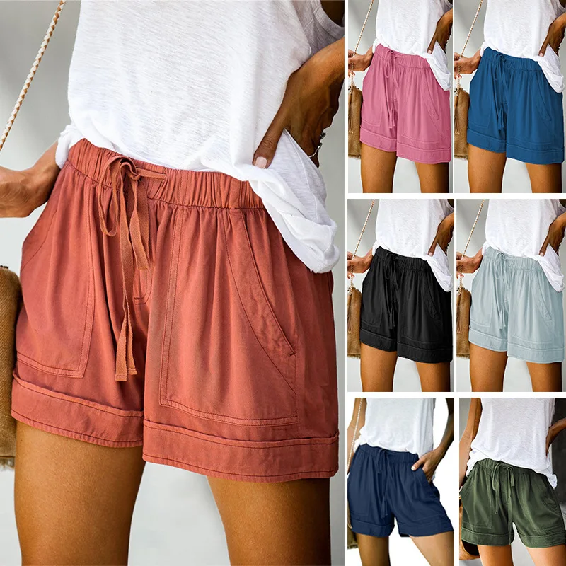 

2023 New Women's Casual Elastic Waist Comfy Cotton Beach Shorts with Drawstring