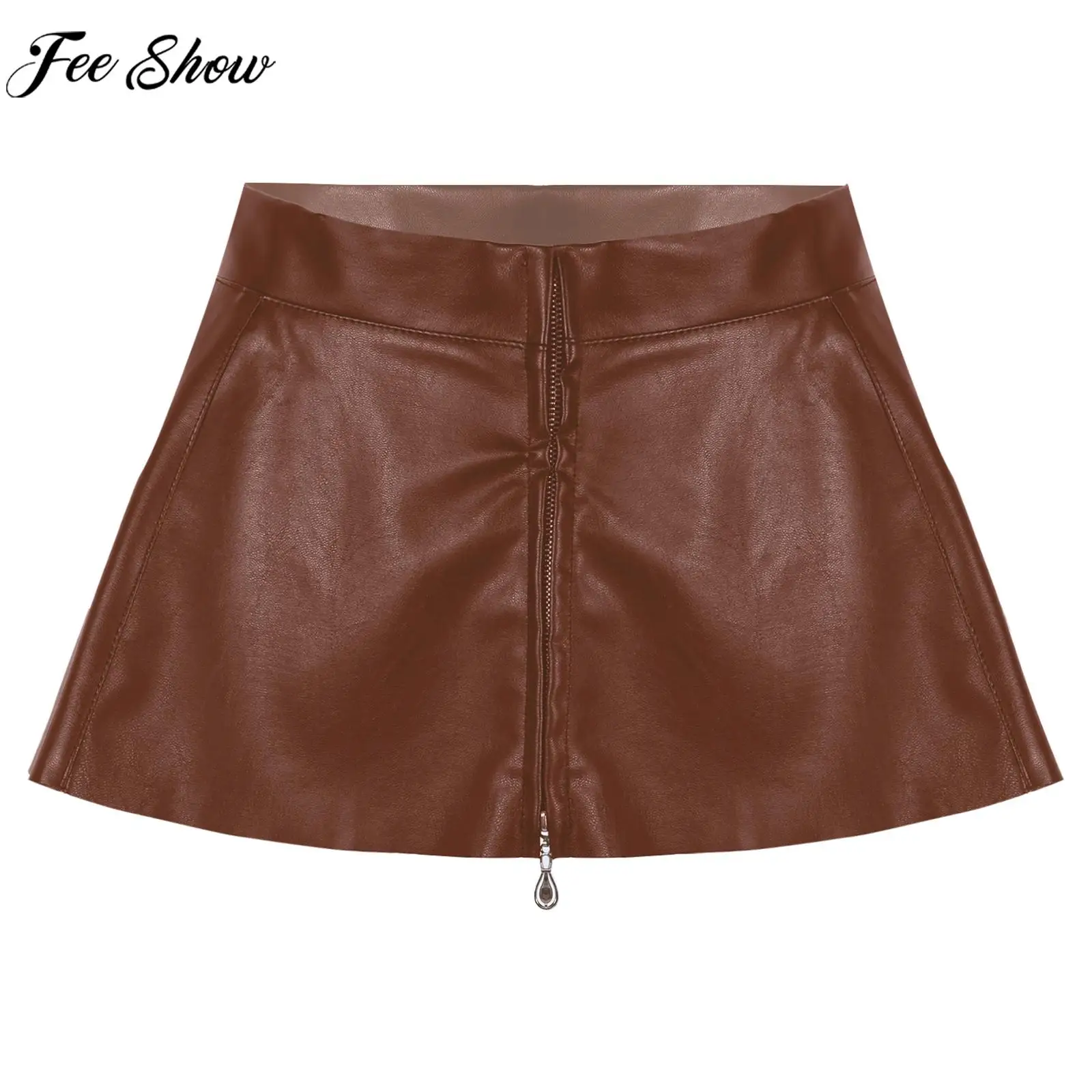 

Women PU Leather Zipper Pleated Skirt A-line Mini Skirt Rave Party Music Festival Pole Dancing Clothing Clubwear Streetwear