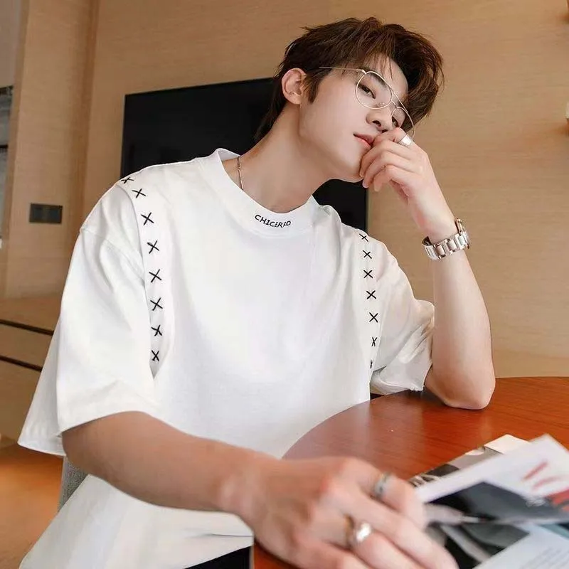 

Stitching Spring And Summer Short-sleeved T-shirt Men's Shirts On Clothing Tidal Trend Ins Hong Kong Wind Loose Round Neck Casua
