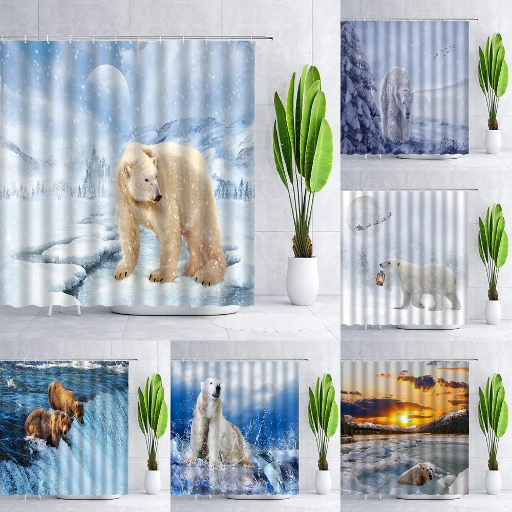 

Polar Bear Animal Shower Curtains Polyester Cloth Winter Snow Scene North Pole Bath Curtain Bathroom Decor Screen Home With Hook