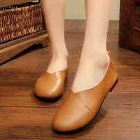 big round toe genuine leather flat shoes woman retro soft bottom cowhide loafers female cow leather slip on moccasins size 43