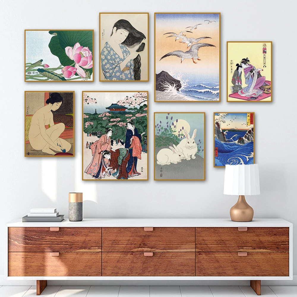 

Japanese Lady Retro Oriental Poster Print Mural Vintage Great Wave Landscape Canvas Painting Nude Girl Art Bed Room Home Decor|