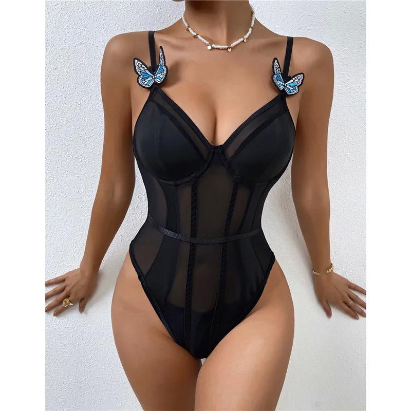 

Women's Deep V Neck Bodysuit See Through Sleeveless Contrast Mesh Underwire Teddy Lingerie with Butterfly Appliques Clubwear