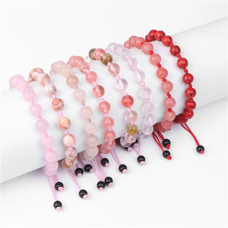 

Pink Quartzs Red Rope Knot Braided Bracelet 8MM Natural Stone Beads Bracelet Adjustable Woven Wristbands Rhodochrosite Jewelry