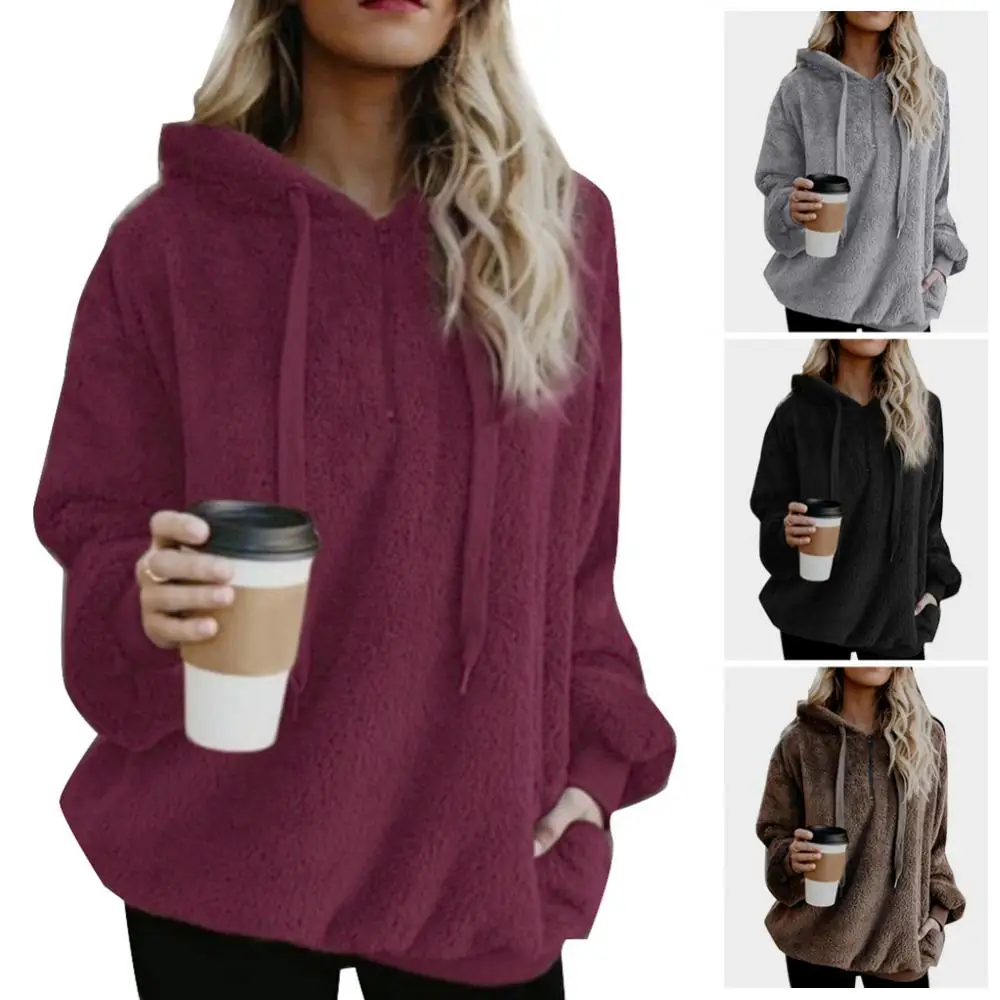 

Solid Color Women Plus Size Winter 1/4 Zip Up Fluffy Hoodies Hooded Sweatshirt