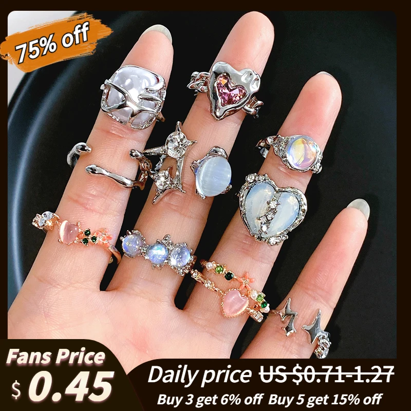 

Y2k Crystal Heart Rings Set For Women Girls Vintage Silver Color Irregular Rings Fashion Kpop Zircon Rings Party Jewelry Gifts