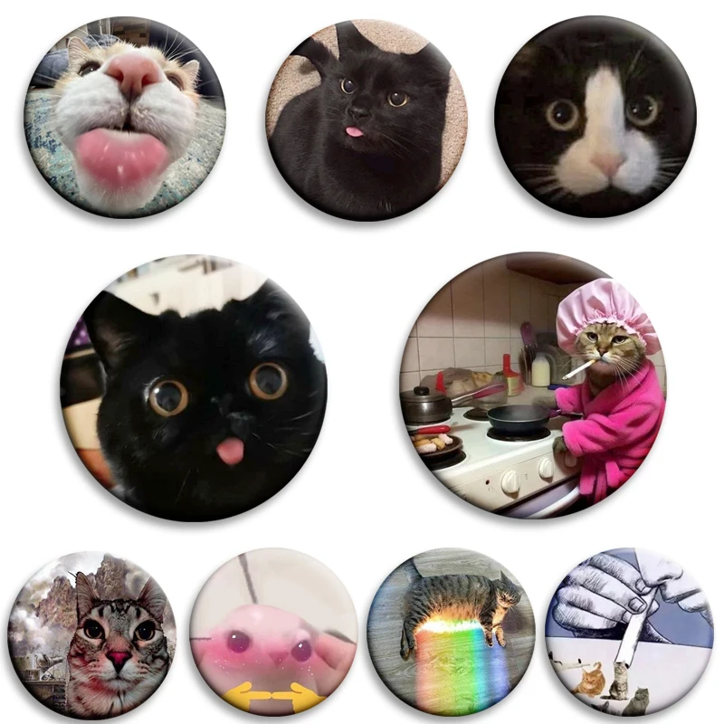 58 мм забавный кот мем розовый бант кошки кулинария булавка Kawaii мяу черный мемы