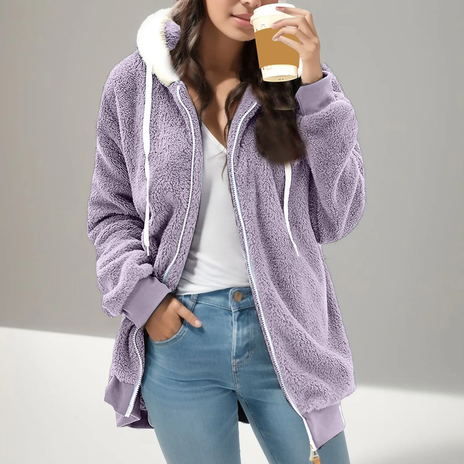 

Европейская осенне-зимняя женская толстовка, теплая плюшевая толстовка на молнии, куртка с карманами, повседневное Свободное пальто, женская куртка оверсайз