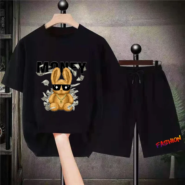 2023 Men Fashion Solid Color T-shirt Set Money Bear Rabbit Print Short Sleeve Sportswear Street Wear Summer Unisexual Shorts Set