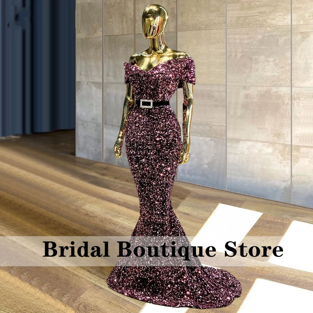 

New Arrival Glitter Full Sequins Evening Dress Beaded Off Shoulder Dubai Party Gowns Formal Elegant فساتين السهرة