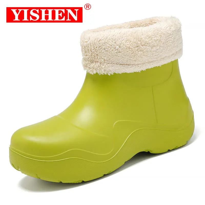 YISHEN Women Rain Boots Winter Warm Plush Lining Rubber Boots Thick Sole Walking Shoes Waterproof Outdoor Ankle Rainboots Bottes