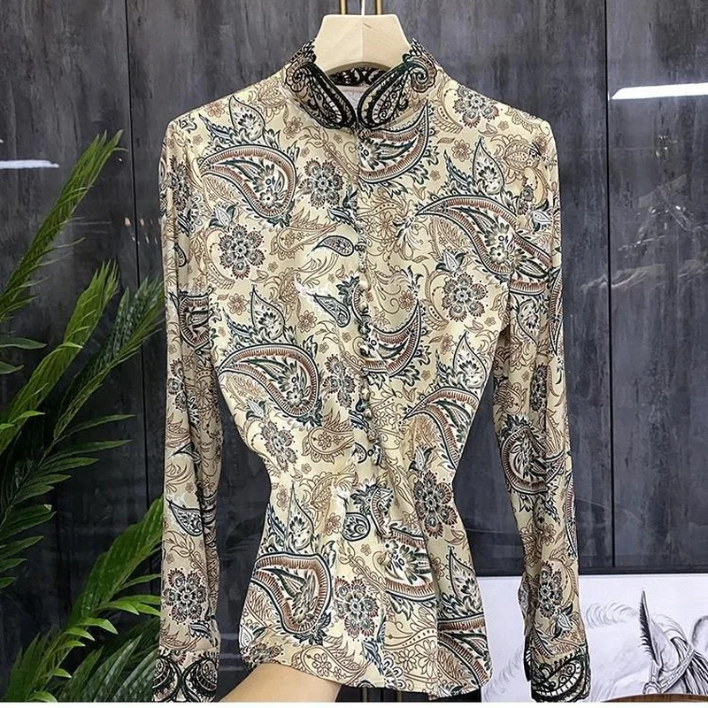 

Imitation Silk Shirt Women's Retro Heavy Industry Stand Collar Long Sleeve Blouse Women Camisas De Mujer