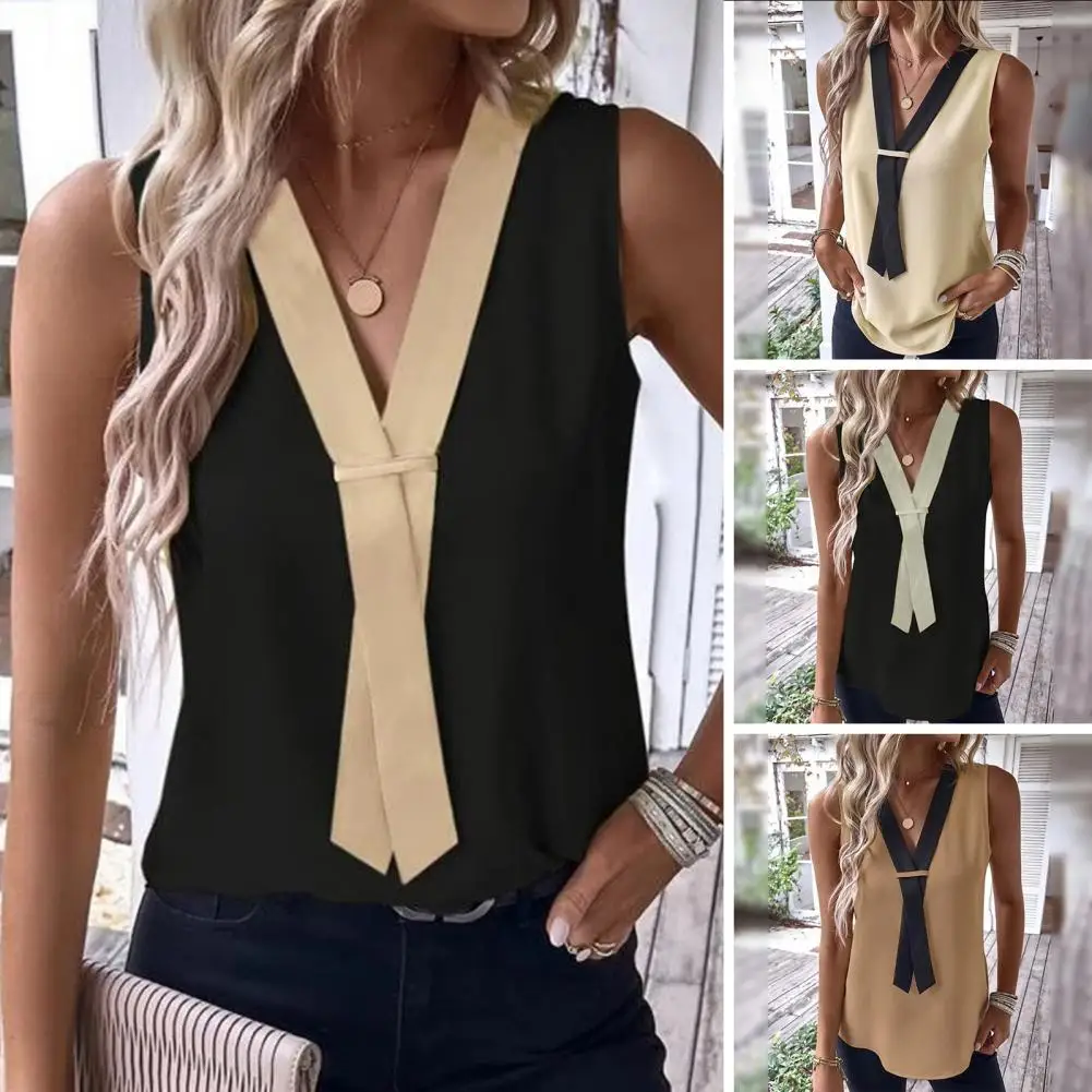 

Elegant V-neck Fake Collar Loose Fit Summer Vest for Women Contrast Color Sleeveless Shirt Loose Tank Shirts For Women Vest Tops