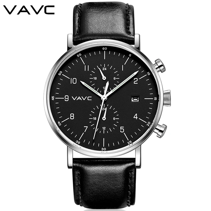 

VAVC Men Casual Sport Watches Stainless Steel Case Leather Band Multifunction Calendar Quartz Business Wristwatch Reloj Hombr