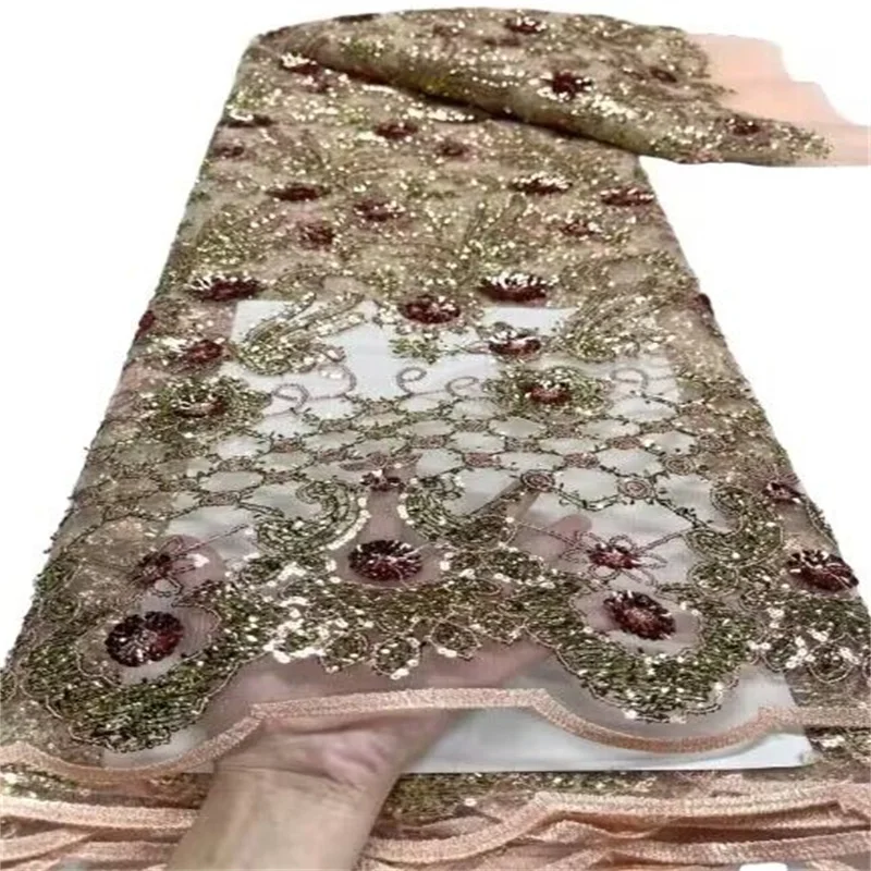 

Африканская 3d кружевная ткань с блестками, 5 ярдов, розовая/Золотая Высококачественная вышивка, нигерийская французская сетчатая кружевная ткань для шитья женских платьев