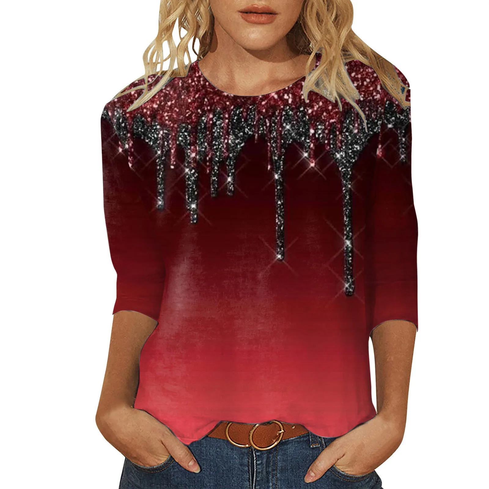 

Womens Fashion Three Quarter Sleeve Round Neck T Shirt Top T Shirt All Womens