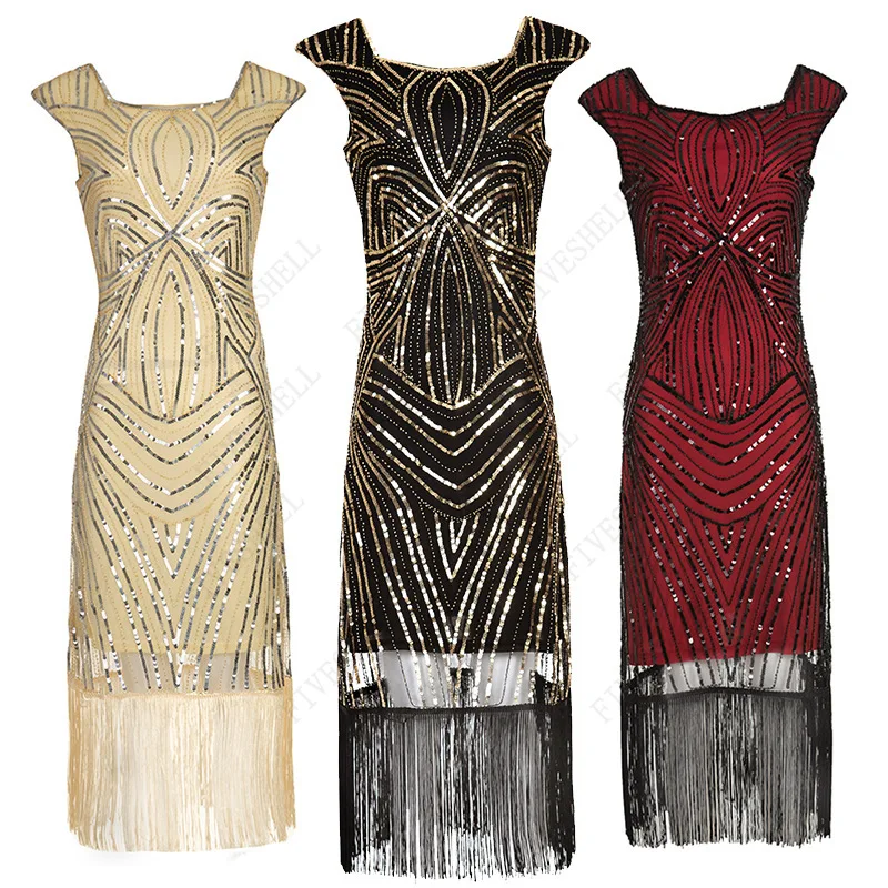 

Women 1920s Vintage Great Gatsby Dress Art Deco Sequin Dress Double Tassels Bodycon Beaded Party Dress Flapper Dresses