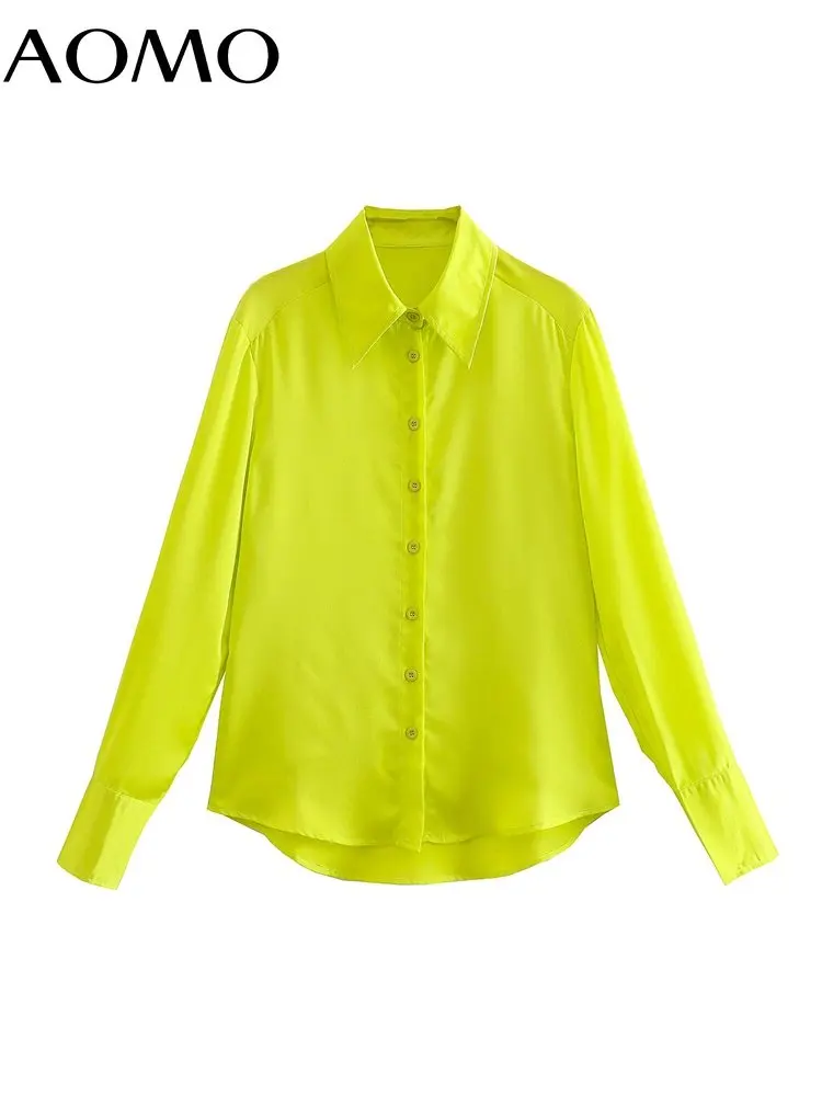

AOMO Women 2022 Yellow Satin Shirts Vintage Long Sleeve Front Buttons Female Blouses 3R23A