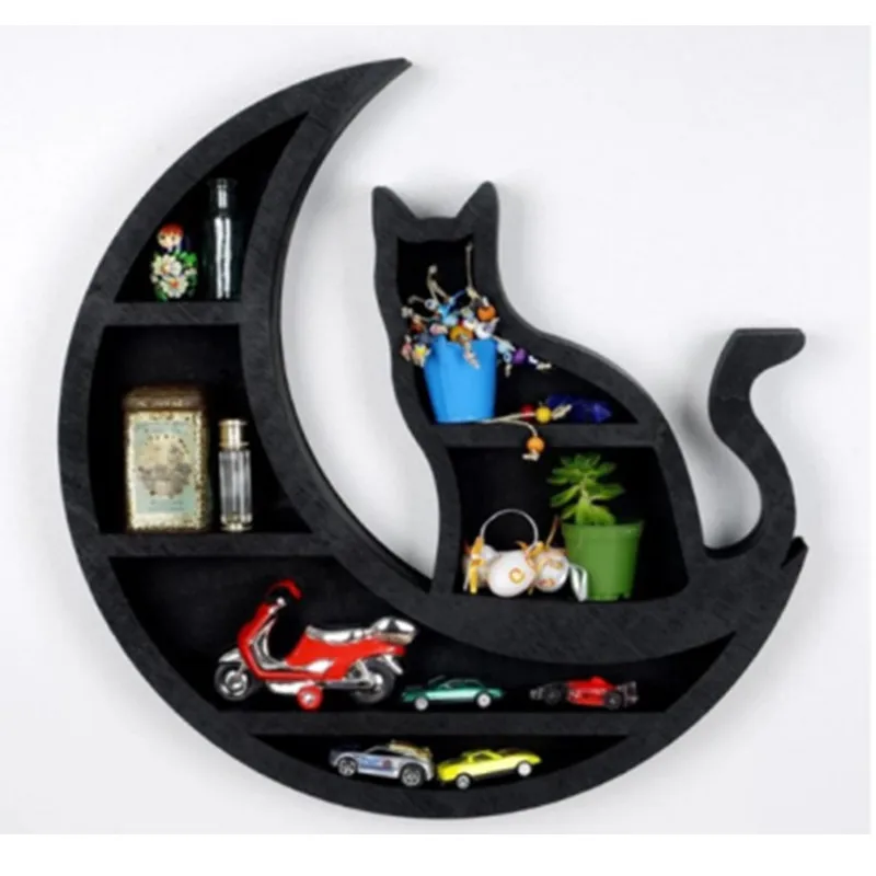 

Cat In The Moon Crystal Wooden Shelf Cat Crystal Essential Oil Display Wall Shelf For Storage Living Room Bedroom Home Decor New