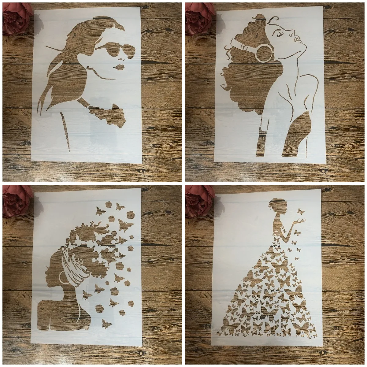 

4Pcs A4 29cm Fashion Beauty Girls Butterfly DIY Layering Stencils Wall Painting Scrapbook Color Embossing Album Decor Template