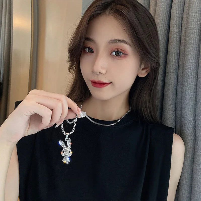 

2023 New Fashion Diamond Rabbit Necklace Female Personality Pendant Jewelry Versatile Long 70cm Titanium Steel Chain Choker