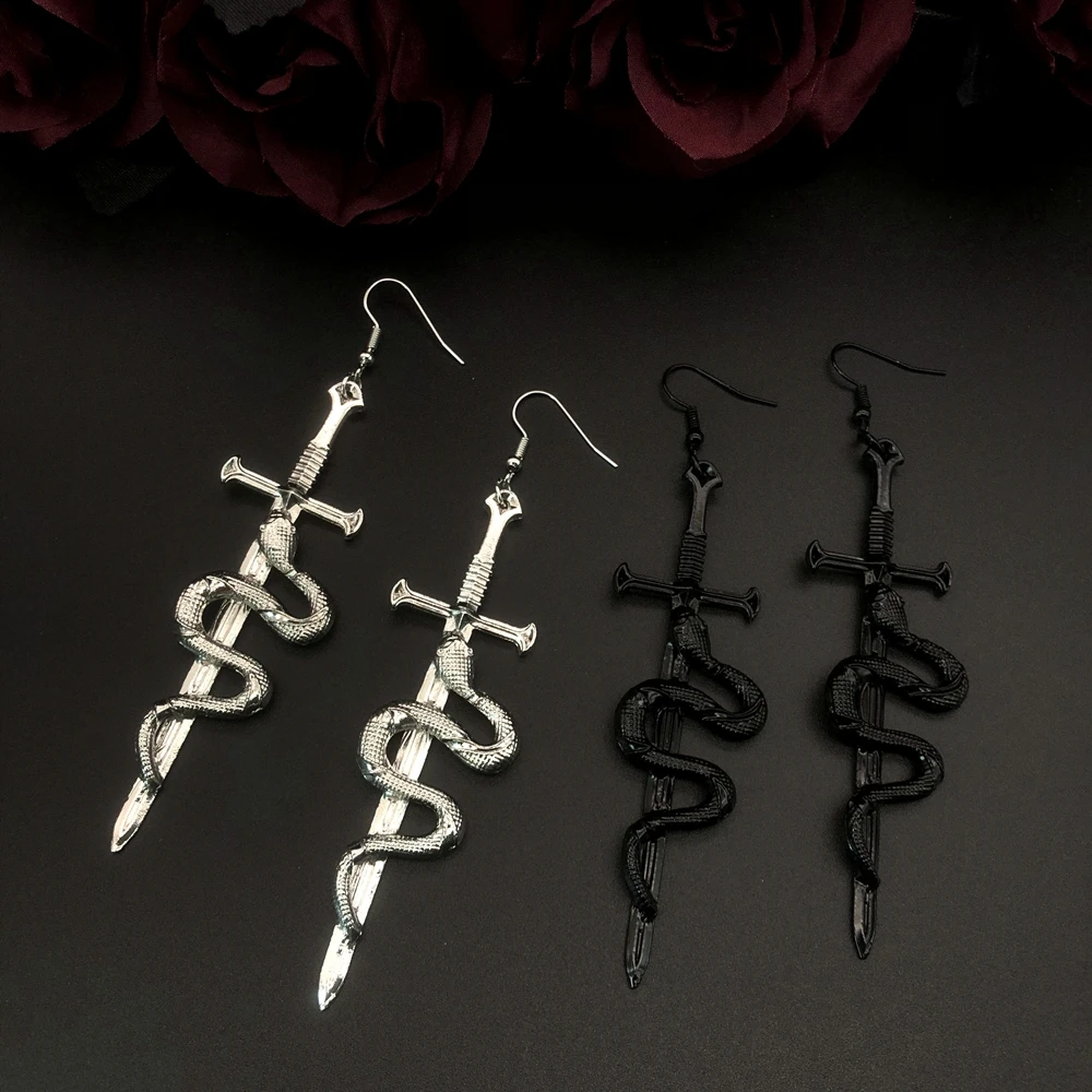 

Snake with Sword Dangle Earrings Glamour Serpent Goth Sword Earrings Gift Gothic Hoops Witchy Goddess Dark Statement