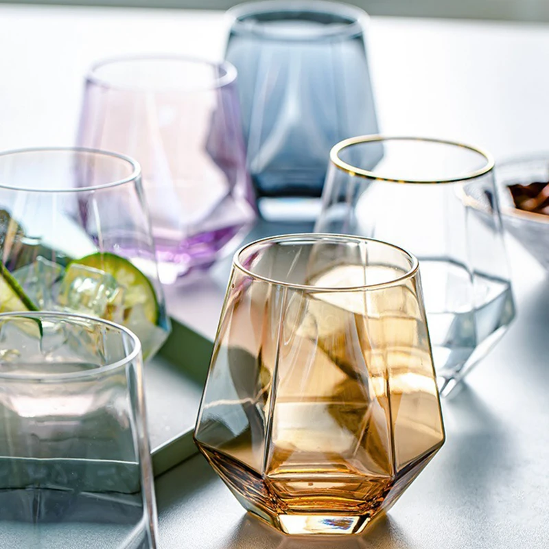 

Geometry Whiskey Glass Diamond Crystal Glass Cup Golden Rim Transparent Coffee Milk Tea Mug Home Bar Drinkware Couple Gifts