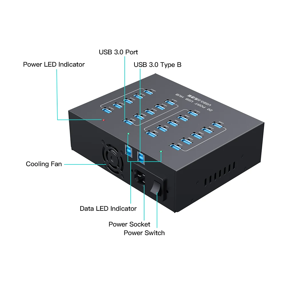 Sipolar A-213P Высокоскоростной 20-портовый концентратор USB 3.0 110 Вт зарядный 1 А со