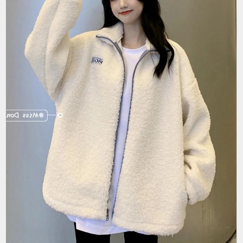

Women's Hoodie Plus Velvet Zipper Letters Long-sleeved Cashmere High Collar Plus Thickening Soft Korean Style Warm Casual Jacket