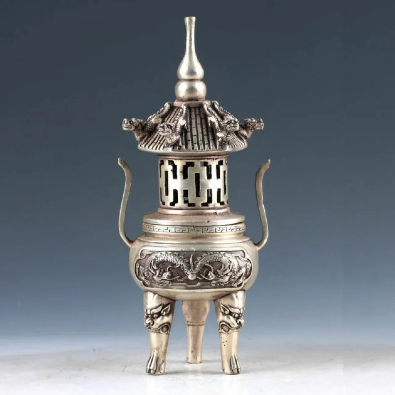 

Crafts Tibet Tibetan Silver Hand Carved Tower Incense Burner