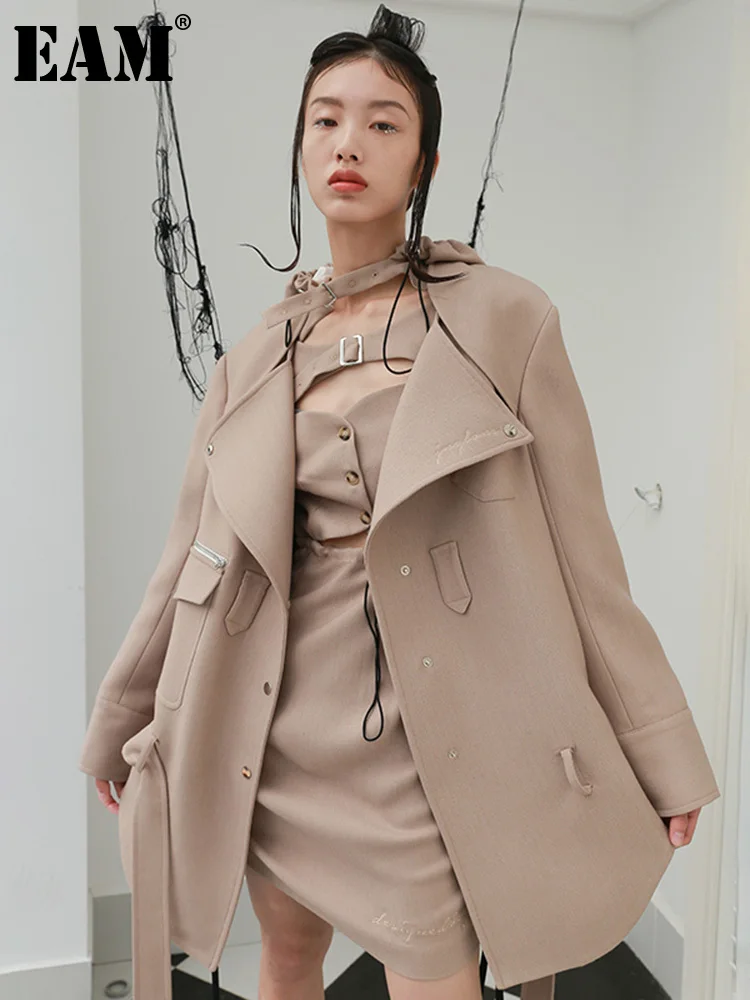 

[EAM] Loose Fit Camel Irregular Belted Long Woolen Coat Parkas New Long Sleeve Women Fashion Tide Autumn Winter 2022 1DE9480