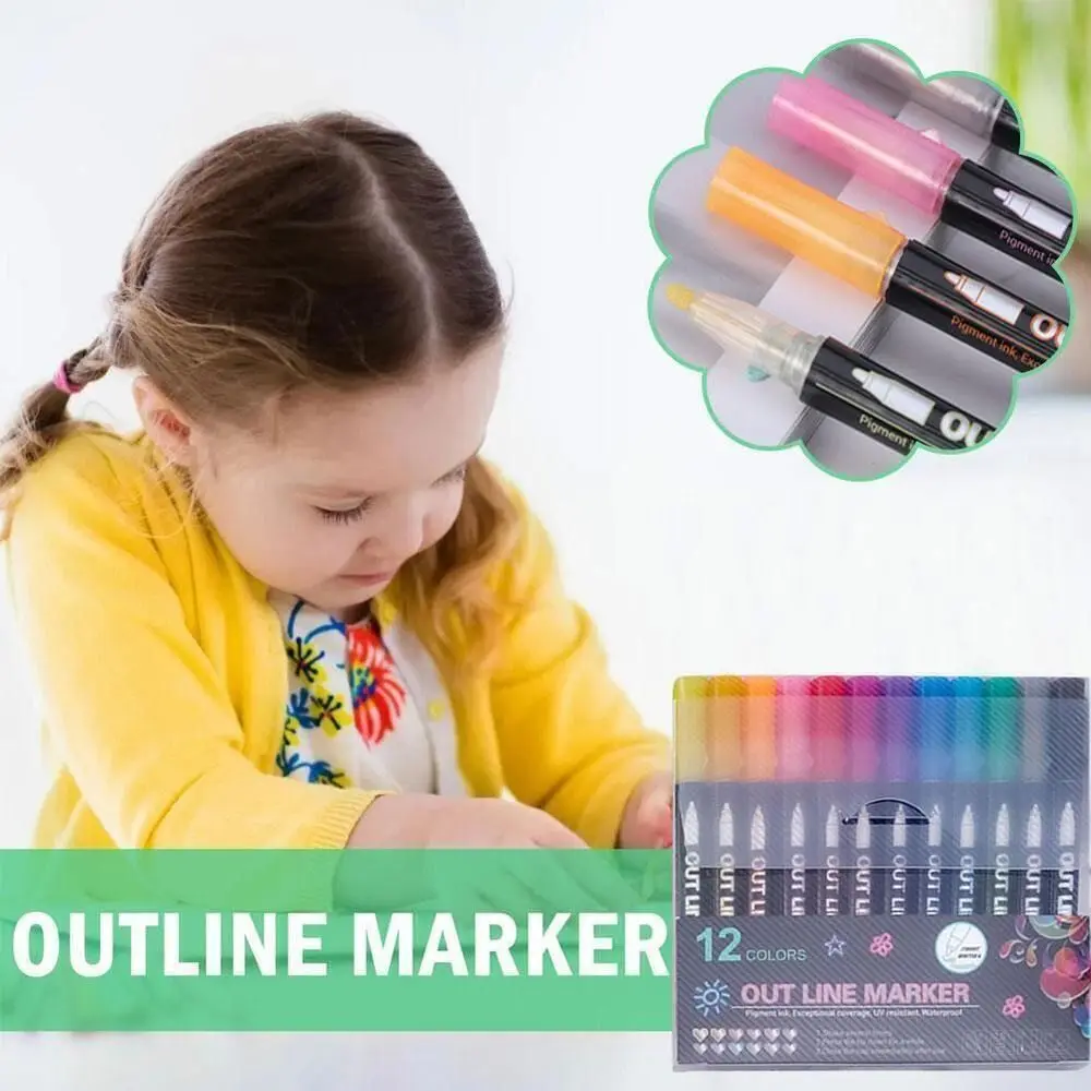 

Fiber Head Double Line Outline Pen PVC School Art Supplies DIY Art Markers Contour Pen Hand Painted Markers Stationery