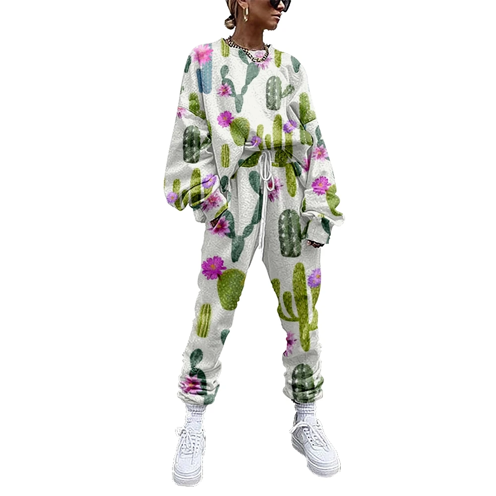 

Women's sportswear two piece set, cactus and floral print sportswear casual woolen dress for women's sportswear