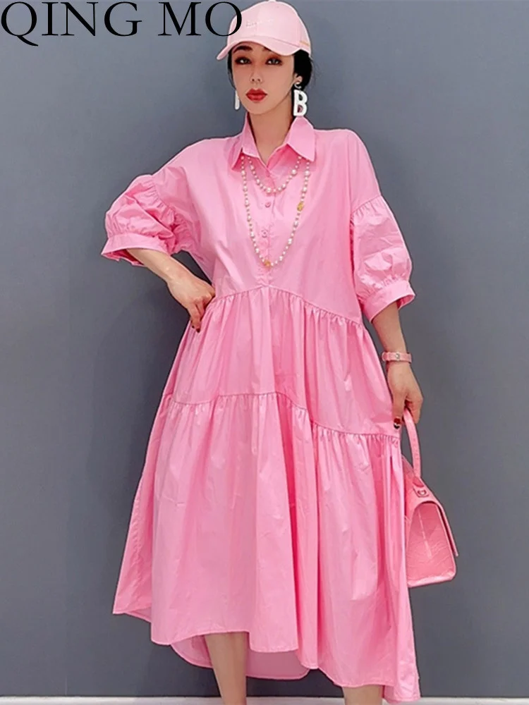 

QING MO 2023 Spring Summer New Korean Fashion POLO Neck Three Quarter Sleeve Shirt Dress Slim For Women Pink Black ZXF1913