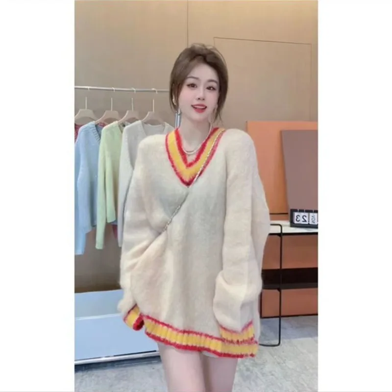 

Rainbow Contrast V-Neck Knitted Sweater Women's Autumn and Winter New Sweet Soft Glutinous Loose Long Sleeve Top