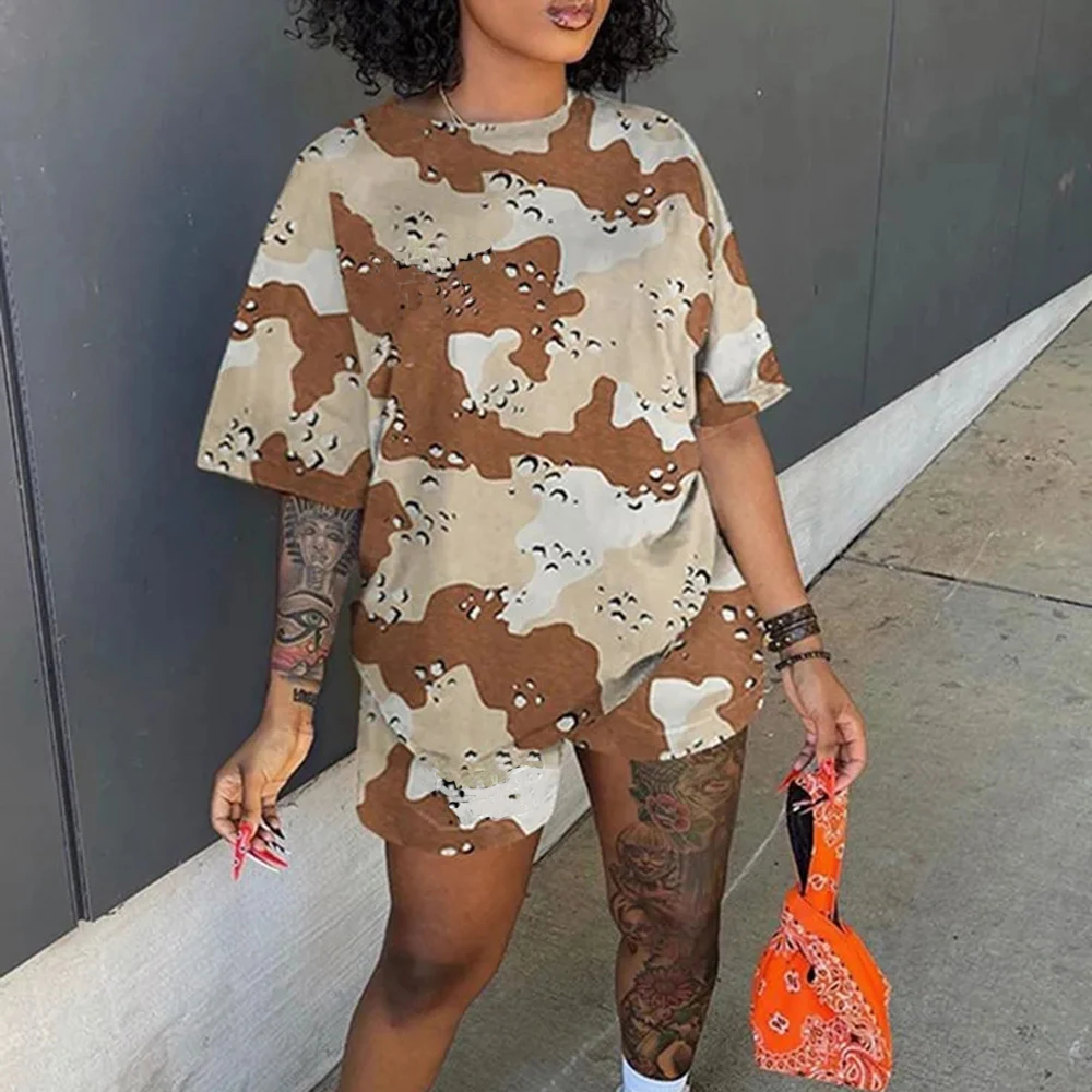 

2023 Summer Women's Camo Short Sleeve Loose Personality Shorts Women's Set Two Piece Set