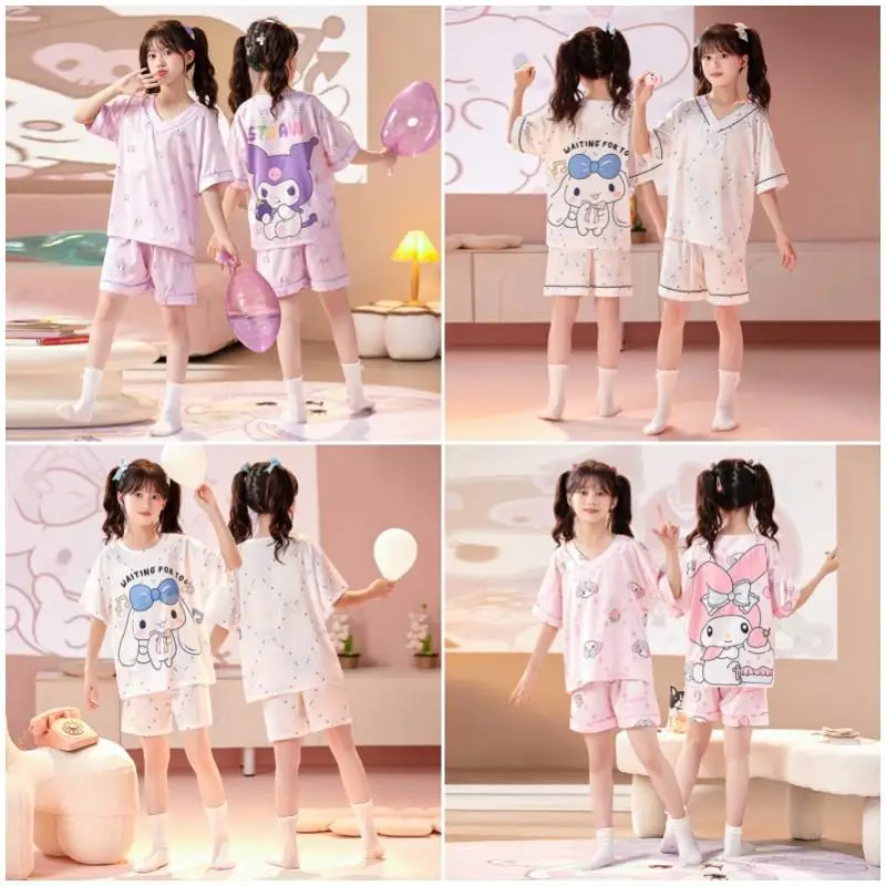 

Anime Sanrio Kawaii Cinnamoroll Series Kids Short Sleeve Pajama Suit Cute Kuromi My Melody Summer Girl Home Clothes 2-Piece Set