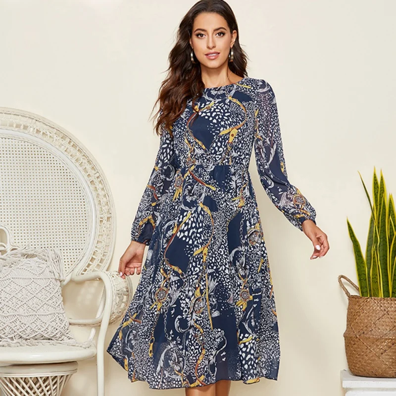 

European And American-Style2022Spring and Summer New Women's Floral Print Long Sleeve Waist-Tight Elegant Dress