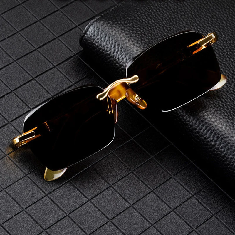 

Pure Natural Crystal Stone Sunglasses Man Luxury Brown Rimless Glass Sun Glasses Woman Vintage Acetate Anti Scratch Mineral Lens