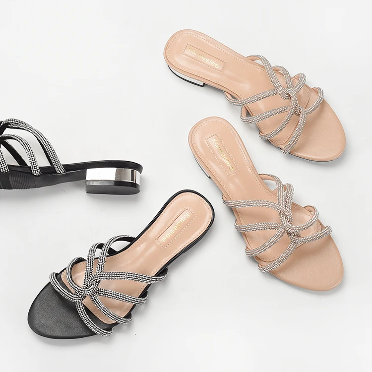 

Cross-Tied Slippers Casual Summer Women's Shoes Square heel Low Glitter Slides Luxury Block Soft Jelly Rubber Hoof Heels PU Scan