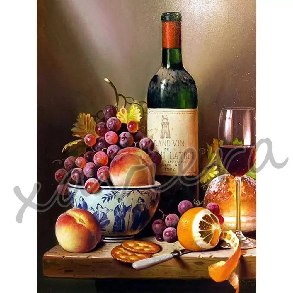 

Diy 5D Diamond Painting Wine Fruit Diamond Embroidery Full Square Round Drill Mosaic Rhinestone Cross Stitch Home Decor Kitchen