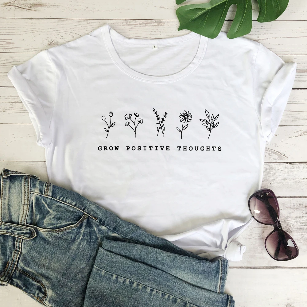 

Summer Flower Print Shirts For Womens Grow Positive Thoughts Funny Art Female Soft Regular Basic O-Neck Tees Tops
