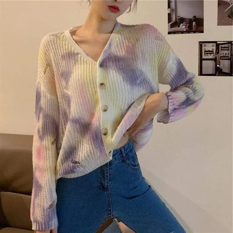 

Fashion Loose V Neck Ripped Vintage Cardigan Women Indie Loose Lazy Korean Chic Knitted Tops Women's Gradient Tie-dye Sweater