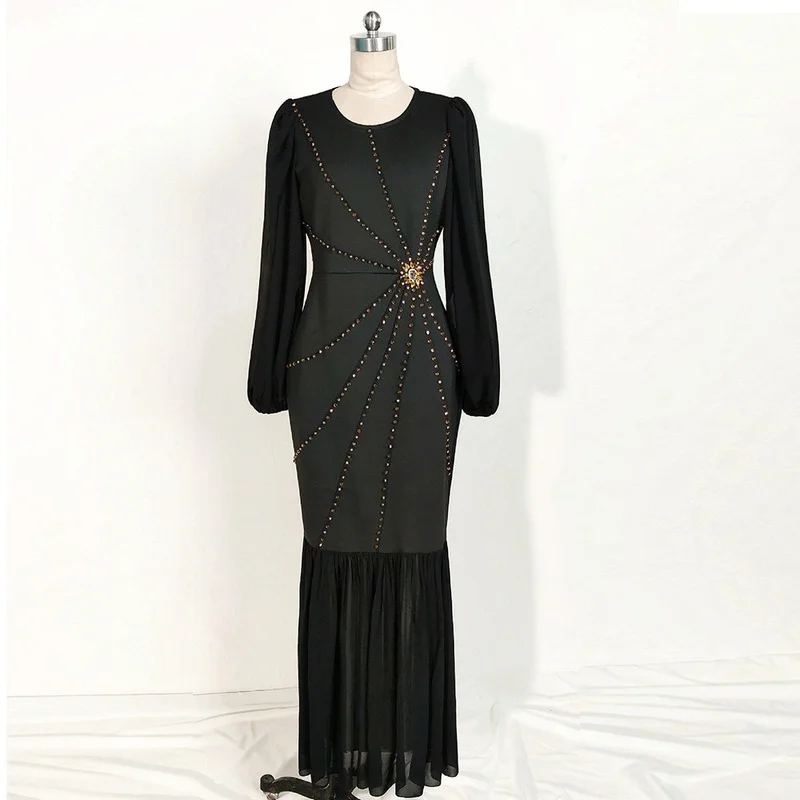 Handmade Embroidered Crystal Maxi Dress Women Muslim Gorgeous Black Bishop Sleeve Stretchy Morocco Party Gown Eid Clothing Islam