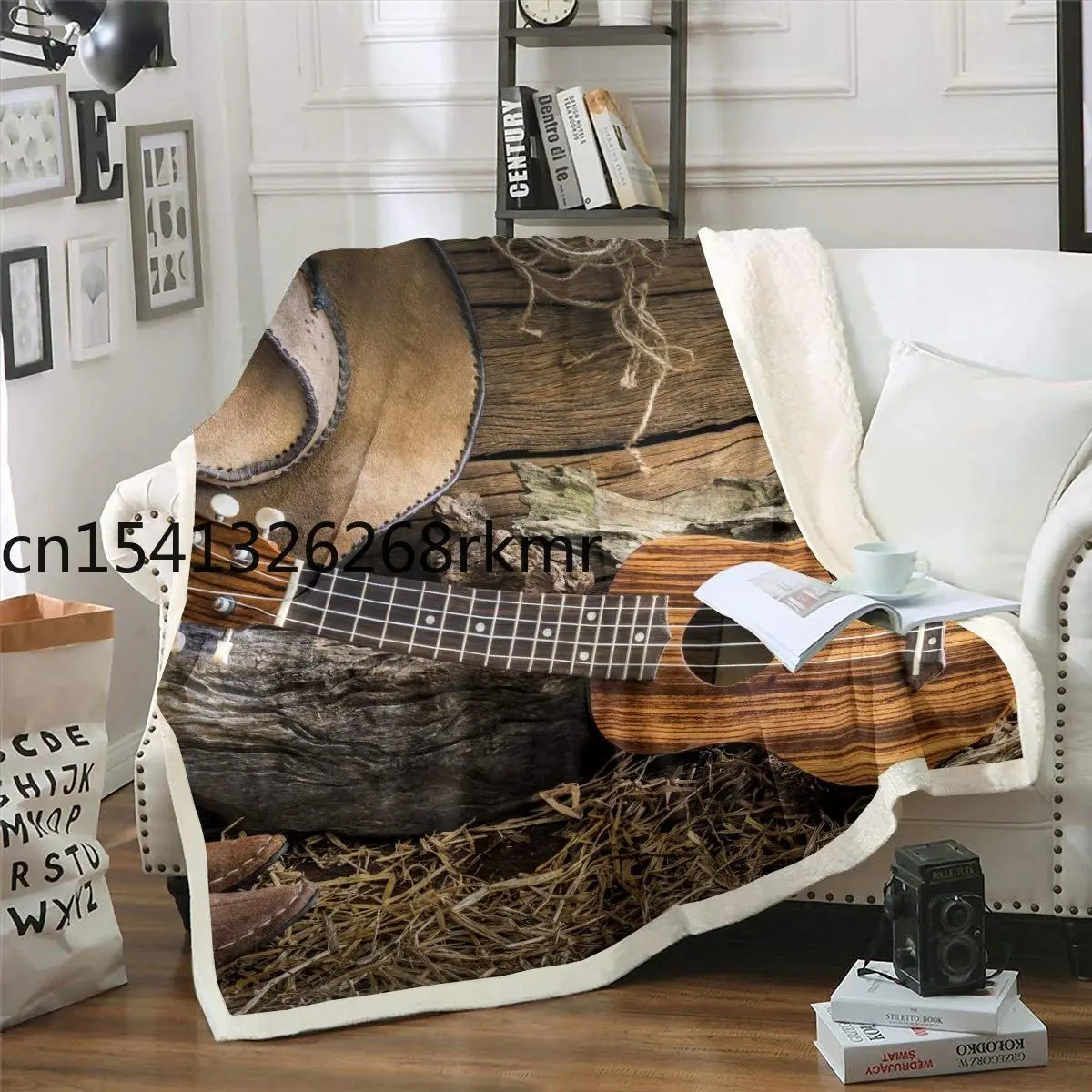 

Feelyou Western Cowboy Fleece Blanket Music Themed Guitar Sherpa Throw Blanket for Couch Sofa Wild West Themed Plush Blanket