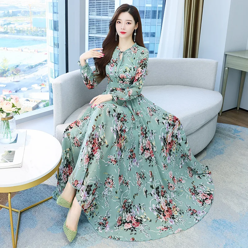 Muslim High Quality Floral Chiffon Women Maxi Dress 2023 Vintage Long Sleeve Party Dress Spring Autumn Boho Beach Muslim Dress